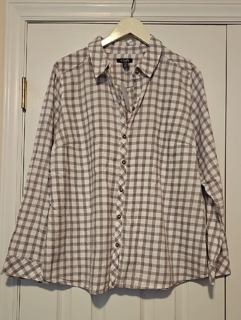 Chaps Woman's Grey and White Plaid Button-Down Shirt